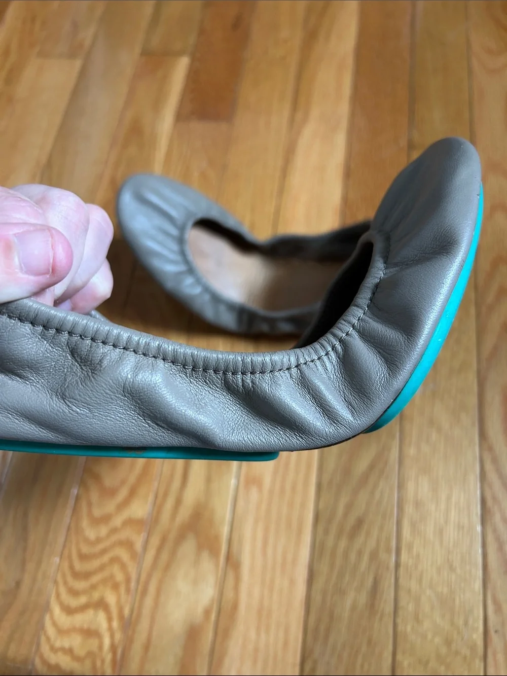 Tieks Light Brown/Khaki Leather Ballet Flats with Teal Trim - Picture 11 of 11